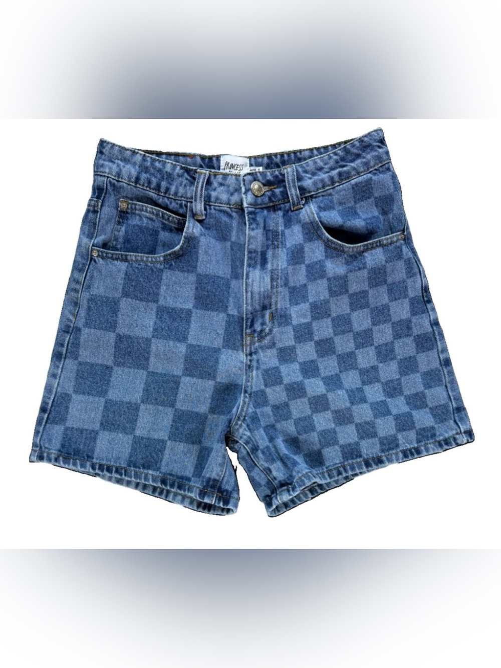 Princess Polly Corey Checkerboard Denim Shorts Jorts Women's 4 Blue Y2K